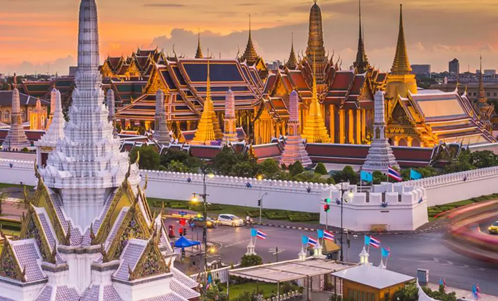 Temple at a busy crossroad in Thailand