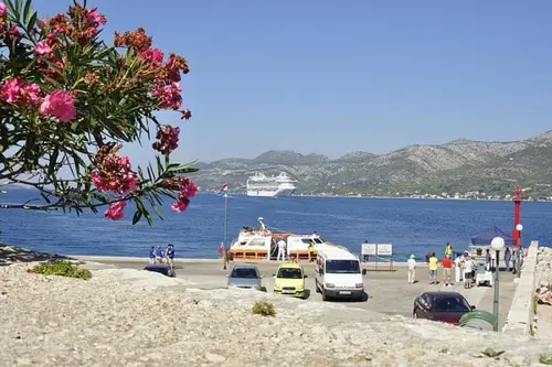 The sea with mountains in the background in Korčula