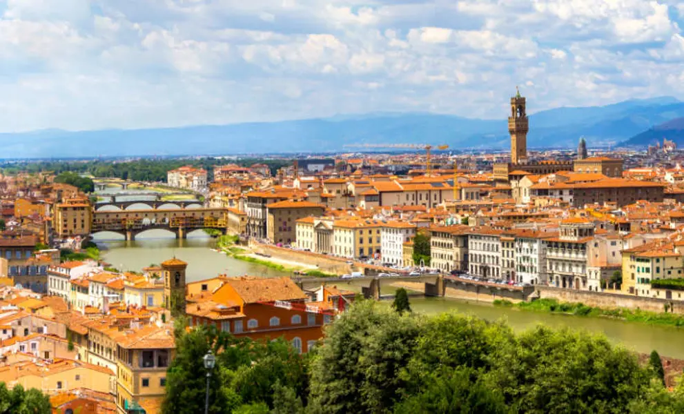 Panoramic view, aerial skyline of Florence Firenze on blue backdrop. Famous european travel destination. Beautiful architecture renaissance church. Summer landscape banner. Florence, Tuscany, Italy