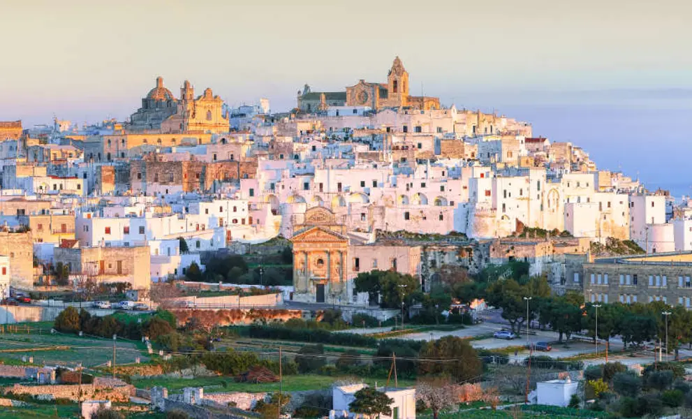 Ostuni white town skyline and Madonna della Grata church