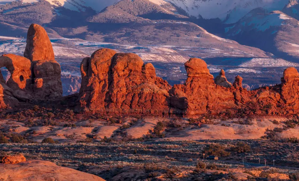 Arches National Park, Utah at sunset - Lasalle Mountains in distance