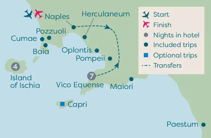Travelsphere Map for Pompeii, Paestum and Herculaneum with Ischia add-on